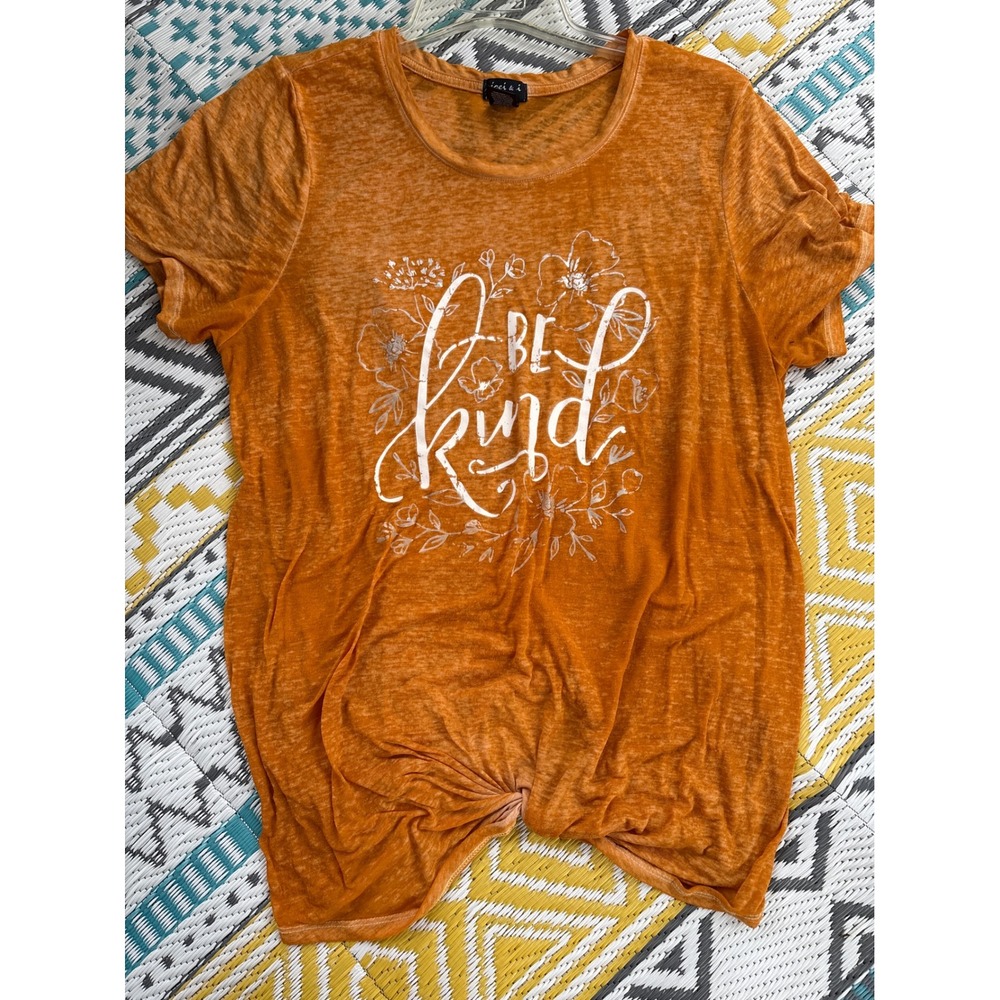 Joei & i Women Be Kind Graphic Tee Burnt Orange Front Knot Shirt 1X FNL38Q5